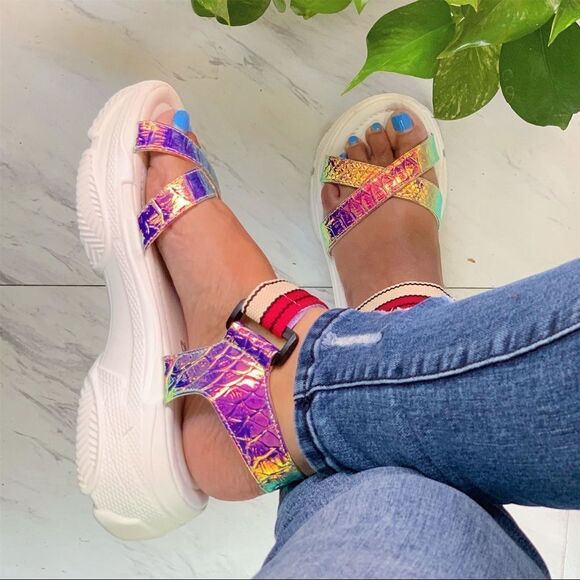 Shoes - Hologram Rainbow White Velcro Platform Sandals